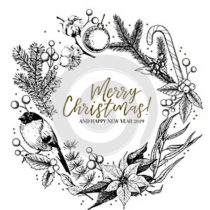 Hand drawn Christmas wreath. Fir, pine, eucalyptus, cotton, poinsettia, bullfinch, mistletoe, holly. Vector greeting