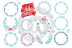 Hand drawn Christmas wreath set with winter floral. Vector illustration. Season greeting card. For your text, lettering, calligrap