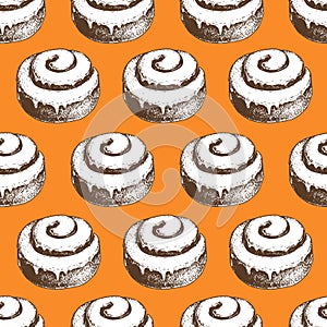 Hand drawn cinnamon roll buns seamless pattern. Orange background.