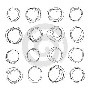 Hand drawn circle line sketch set. Vector circular scribble doodle round circles for message note mark design element