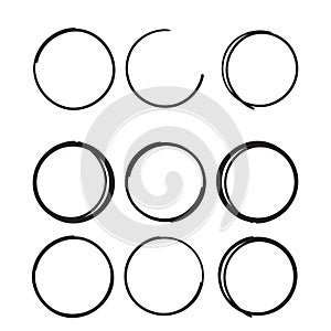 Hand drawn circle line sketch set. Vector circular scribble doodle round circles for message note mark design element. Pencil or