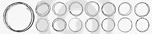 Hand drawn circle line sketch set. Vector circular scribble doodle round circles for message note mark elements. Pencil scribble