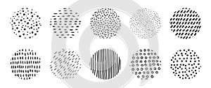 Hand drawn circle textures. Vector abstract doodle artistic scribbles. Minimal dotted and striped patterns