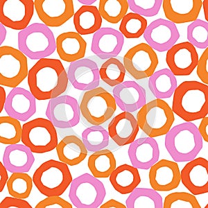 Hand-drawn Circles Abstract Seamless Background, Vector Repeating Pattern with Round paper cut shapes pink orange, Bubbles Simple