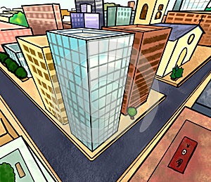 Hand drawn city buildings perspective roof view