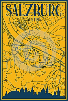 Hand-drawn city road network and skyline poster of the downtown SALZBURG, AUSTRIA