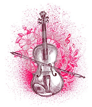 Hand drawn classical violin and bow. Musical instrument. Vector illustration