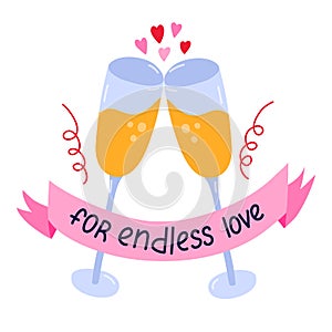 Hand drawn clipart of clink glasses with champagne. Cheers and toast for endless love. Celebration of Valentineâ€™s day and party