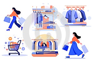 Hand Drawn clothing stores and shops in shopping malls in flat style