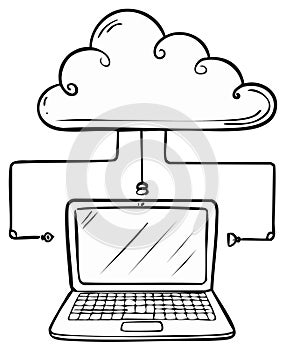 Hand Drawn Cloud Computing Connection To Laptop Illustration