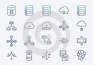Hand drawn cloud computing and database icons set for technology and data management