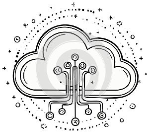 Hand drawn cloud computing icon with circuit board network connection doodle