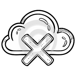 Hand Drawn Cloud and Cross Representing Failed Cloud Computing Process in Black and White