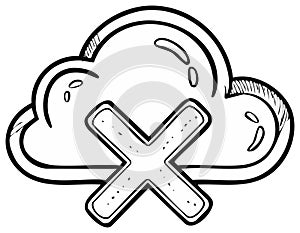 Hand Drawn Cloud and Cross Representing Failed Cloud Computing Process in Black and White