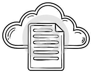 Hand drawn cloud network with document file symbol for digital data storage and sharing