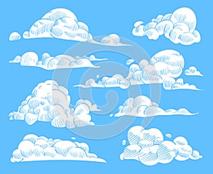 Hand drawn clouds. Sketch cloudy sky, vintage engraved curled cloud. Doodle nature heaven, outline weather symbols