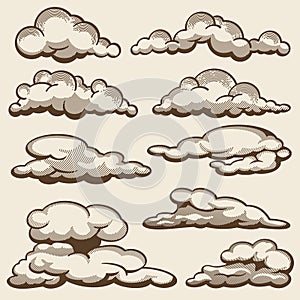 Hand drawn clouds in vintage style vector set