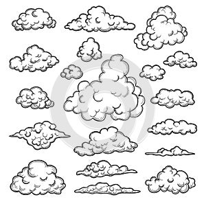 Hand drawn clouds. Weather graphic symbols decorative sky vector nature objects vector cloud collection