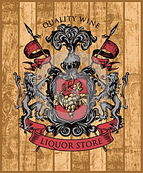 Coat of arms for liquor store on wooden background