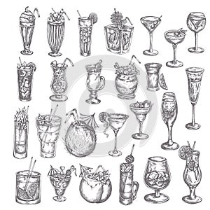 Hand drawn cocktail big set Sketch of alcoholic drinks in glasses Cocktails icon in vintage style. Elemnets for menu