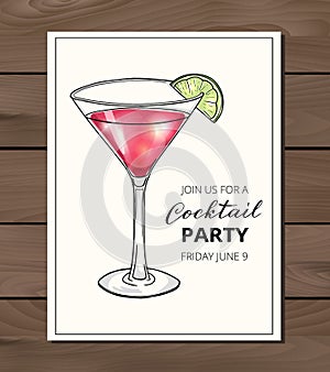 Hand drawn cocktail in martini glass with lime