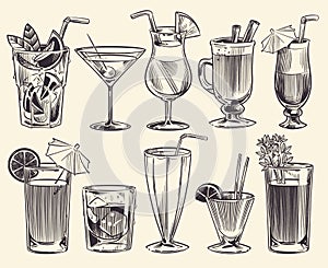 Hand drawn cocktails. Sketch cocktails and alcohol drinks, cold beverages different glasses. Restaurant alcoholic drinks