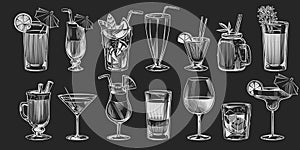 Hand drawn cocktails. Sketch cocktail set on black background chalk drawing style alcohol drink in glass for party