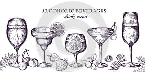 Hand drawn cocktails. Vintage alcoholic menu sketch, liquor beverages and lemonades. Vector isolated tropical bar drinks