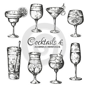 Hand drawn cocktails. Vintage glasses with liquors and alcoholic drinks, summer drinks sketch menu. Vector tropical