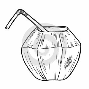 Hand drawn coconut cocktail isolated on a white background. Doodle, simple outline illustration