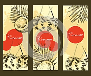 Hand drawn coconut design banner template. Retro sketch style vector tropical food illustration.