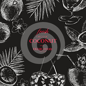 Hand drawn coconut design template. Retro sketch style vector tropical food illustration.