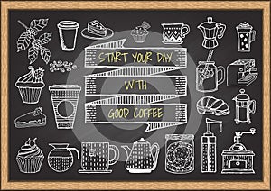 Hand drawn coffee and bakery on chalkboard