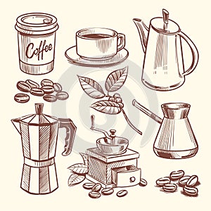 Hand drawn coffee cup, beans, leaves, coffeepot and coffee grinder vector illustration