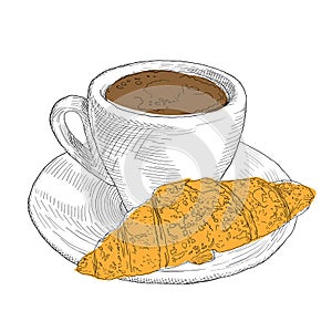 Hand drawn coffee cup and croissant. Vintage lllustration.