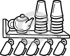 Hand Drawn coffee cup shelf for cafe illustration in doodle style