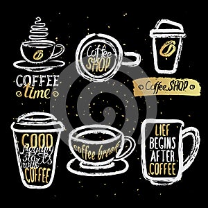 Hand drawn coffee cups with lettering