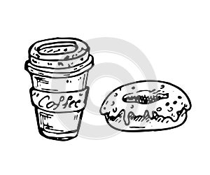 Hand drawn coffee and donut doodle. Sketch food and drink, icon.