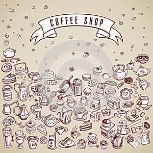 Hand drawn coffee elements set