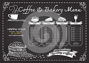 Hand drawn coffee menu on chalkboard.