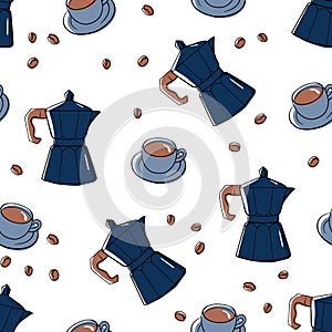 Hand drawn coffee set offee makers and cups Vector seamless pattern