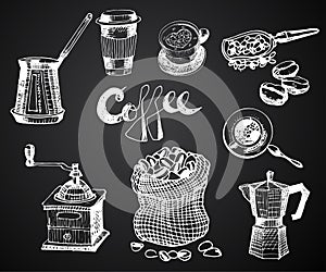Hand Drawn Coffee Set. Vector Graphic illustration. design Elements for menu, Restauranr, Store, Coffee Shop.