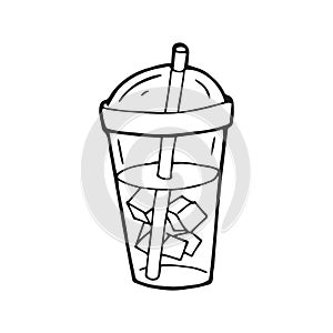 Hand drawn cold drink with ice or iced coffee takeaway cup. In doodle style, black outline isolated on a white background. Cute