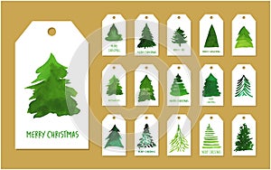 Hand drawn collection of 15 artistic hang tags with trendy vector watercolor trees illustration. Christmas trees. For Christmas pr