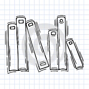 Hand drawn collection of books, folders. Outline icon. Sketch style. Checkered background
