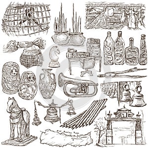Bric a brac, objects - an hand drawn pack. Freehand sketching, f photo