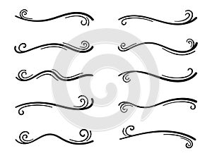 Hand drawn collection of curly swishes, swashes, swoops. Calligraphy swirl. Highlight text elements