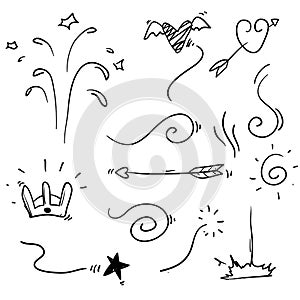 Hand drawn collection of curly swishes, swashes, swoops. Calligraphy swirl. Highlight text elements with doodle cartoon style