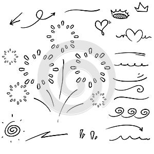 Hand drawn collection of curly swishes, swashes, swoops. Calligraphy swirl. Highlight text elements.doodle style