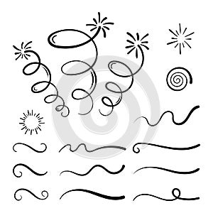 Hand drawn collection of curly swishes, swashes, swoops. Calligraphy swirl. Quotes icons. Highlight text elements photo